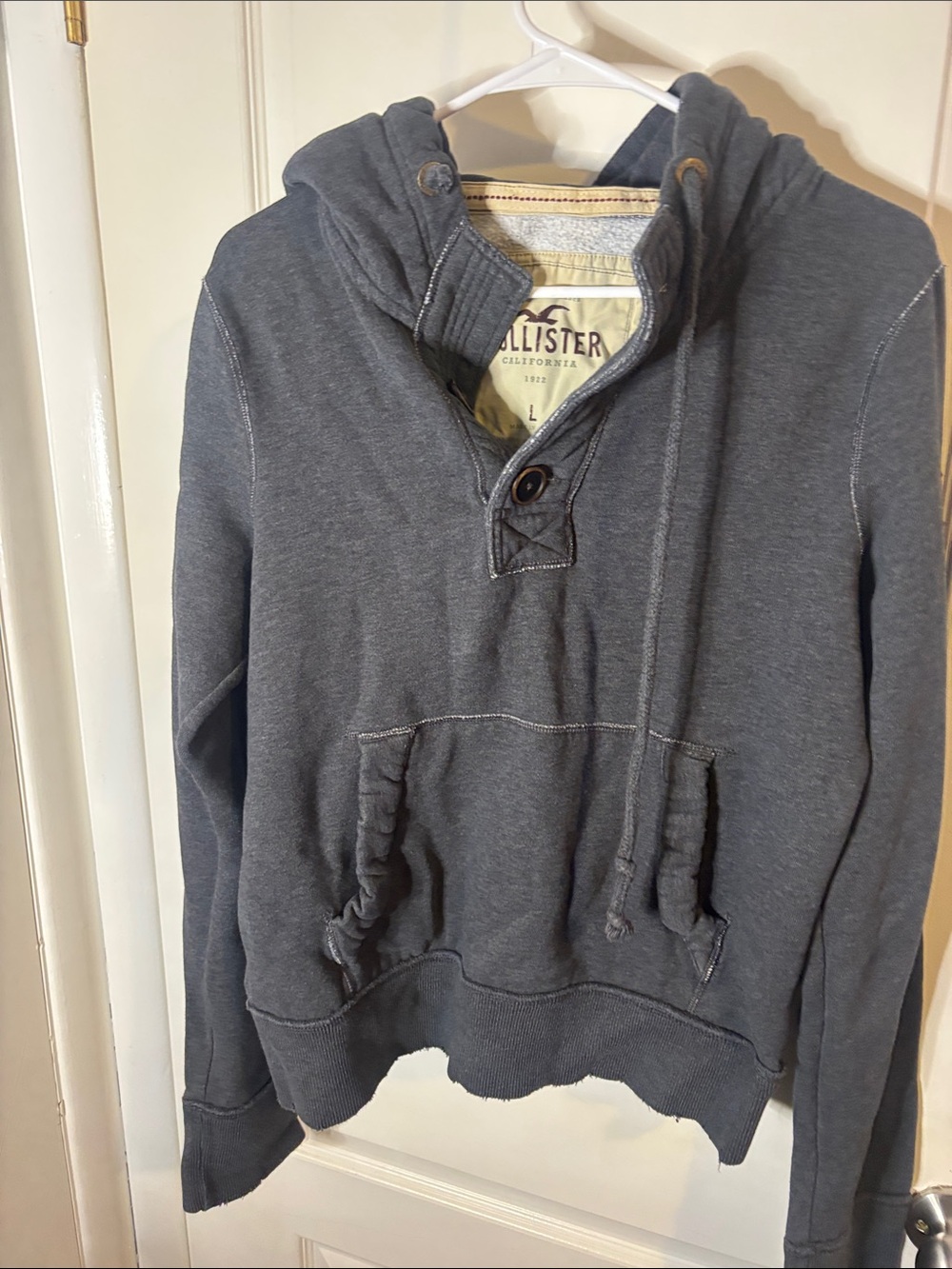 Hollister Men's Dark Gray Hooded Pullover with Button V-Neck